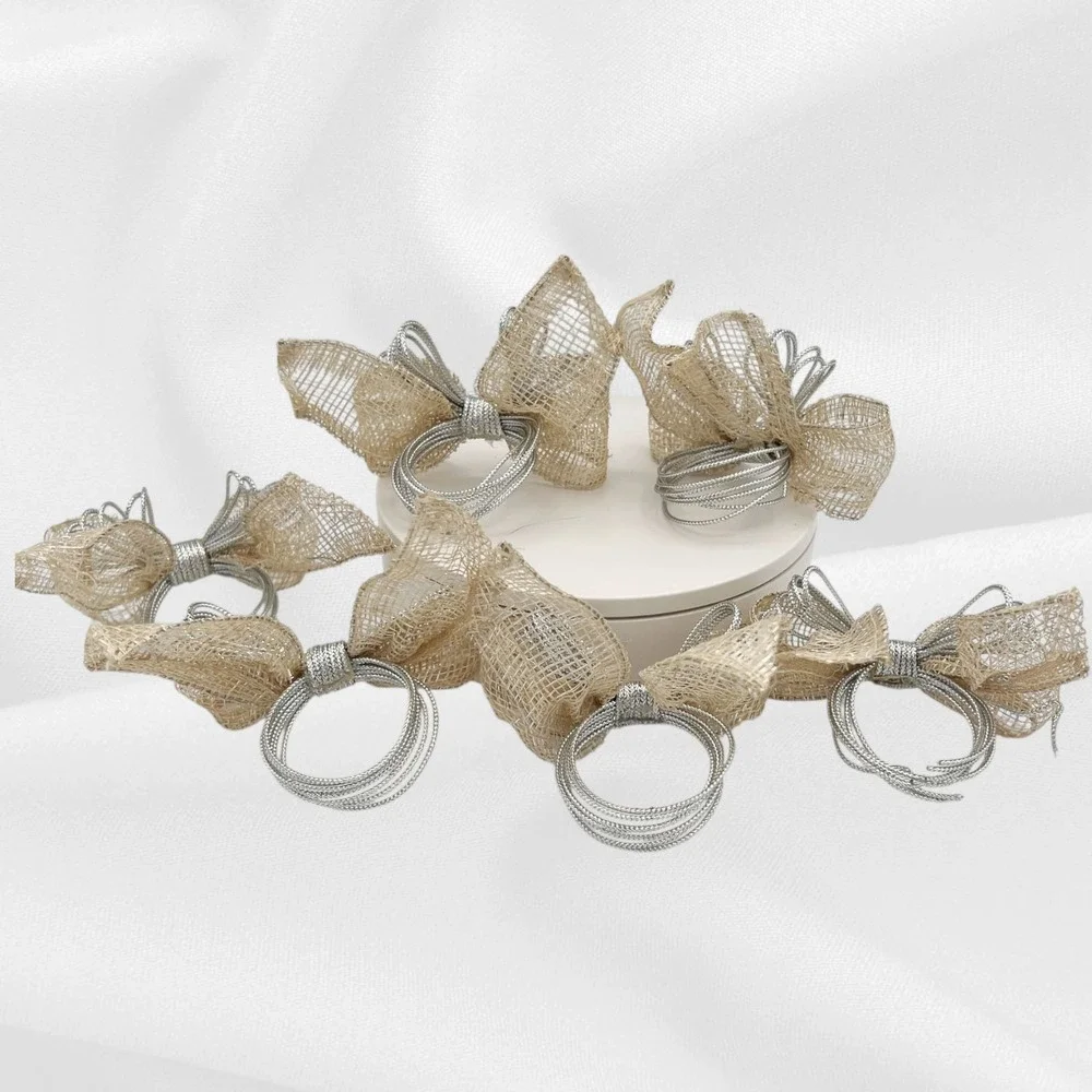 Rustic Burlap & Silver Wire Bow Napkin Rings  Set of 6‎ Farmhouse Shabby Chic